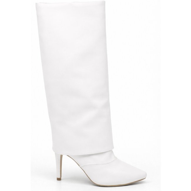 Bota Feminina Cano Longo Com Capa Salto Fino Elegante Flor da Pele 1796 Branco