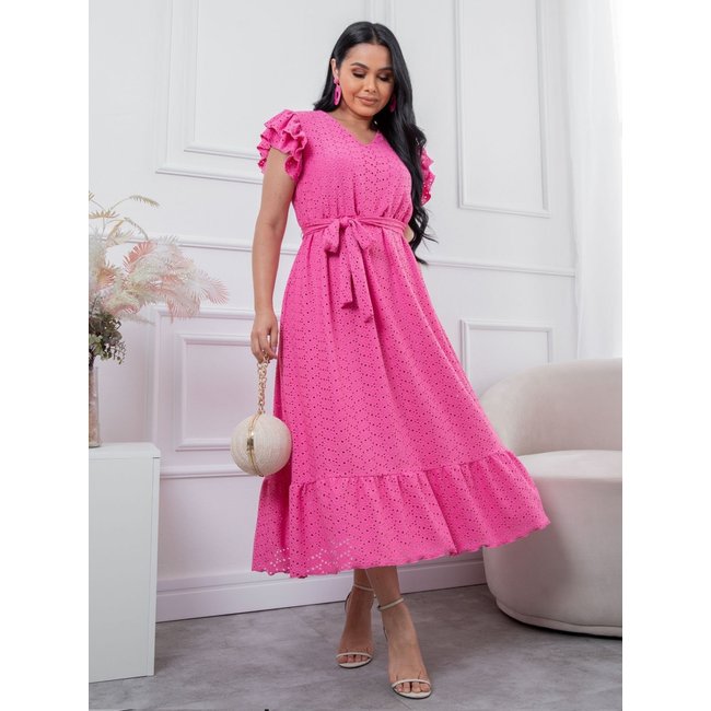 Vestido Lasie Longo Manga curta com Babados BARSONS Confortavel e Casual Pink