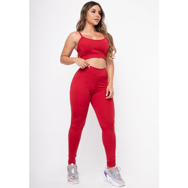 Conjunto Fitness Zero Transparência Top e Calça Alça Fina Cintura Alta com Forro Mood Modas 080 + 138 Vermelho