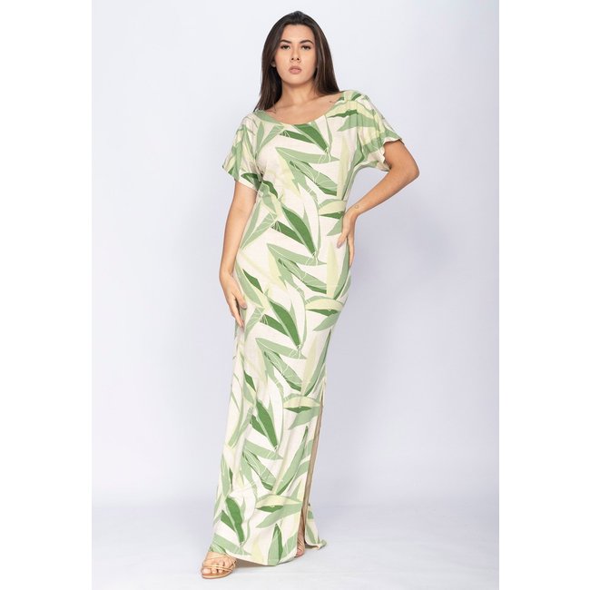 Vestido CabanaFree Longo Malha Fenda na Lateral Estampa Verde Selvagem