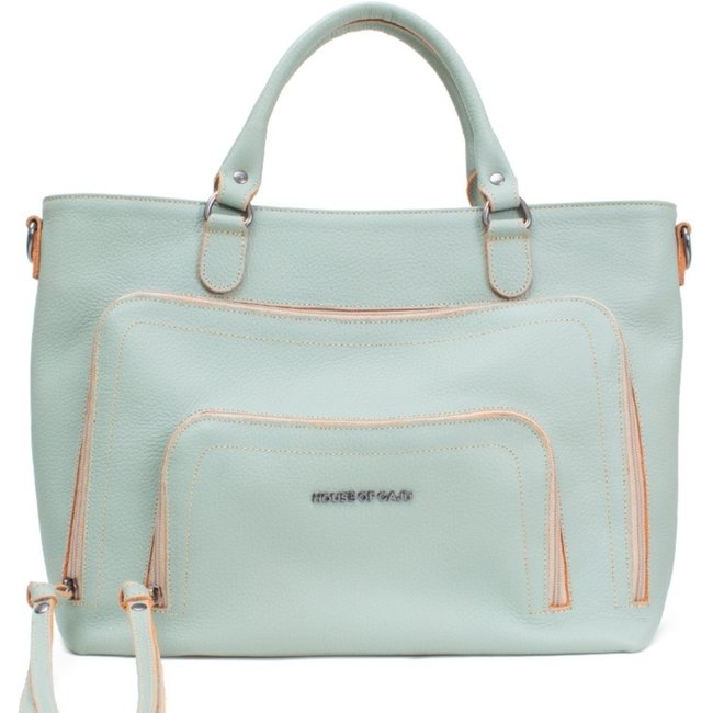 Bolsa Feminina Em Couro Alça De Mão Verde Tiffany Com Laranja "Olivia Amarantos"""