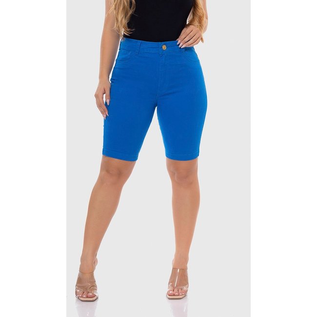 Bermuda Short Feminina Cintura Alta Sarja Elastano 7883 Azul