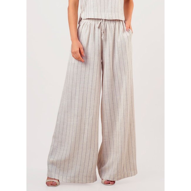 Calça de Linho Bege Listrada Pantalona com Bolsos