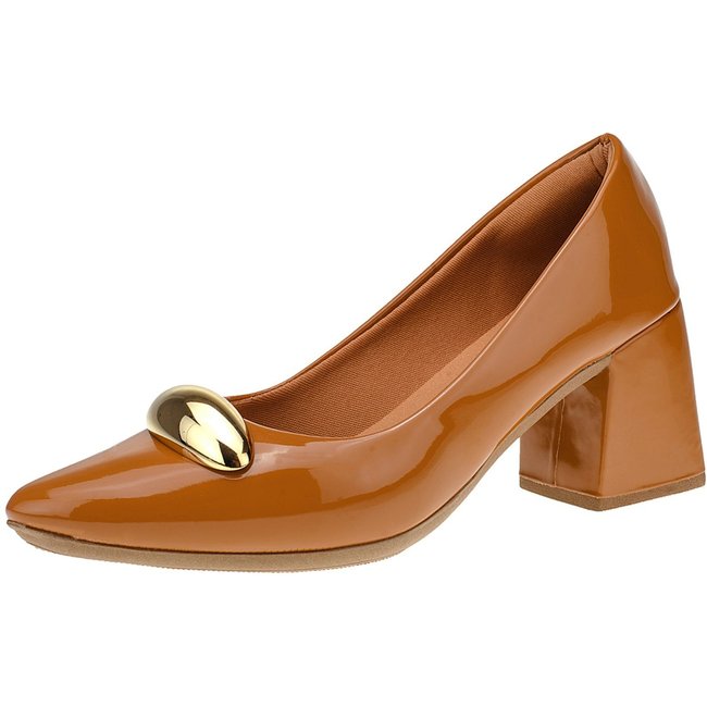 Scarpin Feminino Bico Fino Sapato Social Shekinah Detalhe ABS Lesma Caramelo