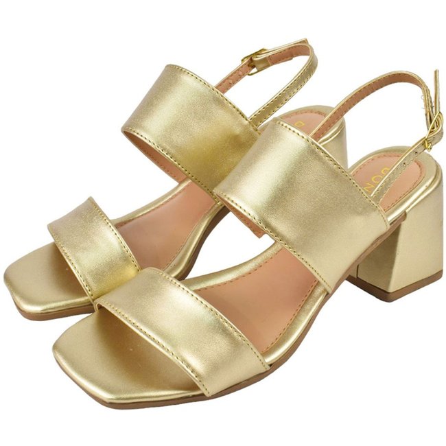 Sandália Feminina CM Calçados Bico Quadrado Salto Alto Casual Metalizado Ouro Light