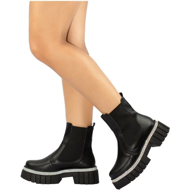 Bota Chelsea Strass Feminina Lumiss Tratorada Confortável Coturno Cano Curto Plataforma Preto