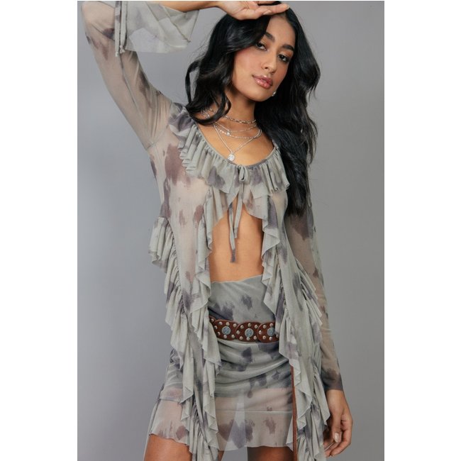 Blusa Cropped De Tule Estampado Manga Longa Com Pontas E Babados marinaegabriella