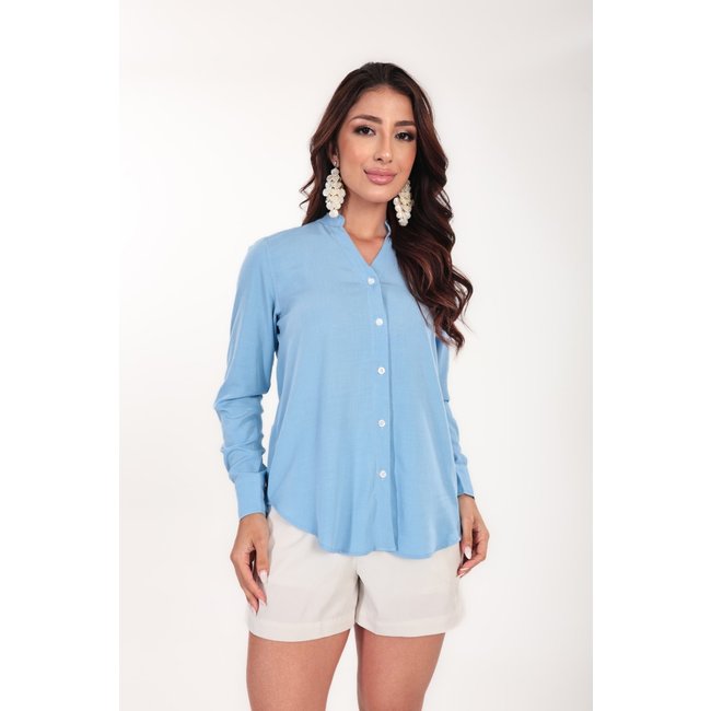 Camisa Feminina Ícone Fashion Gola V em Viscolinho cor Baby Blue