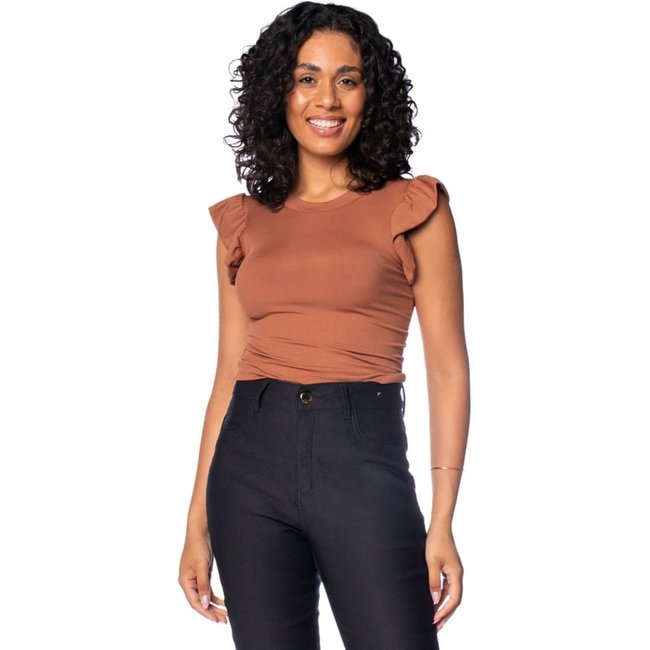 Blusa Feminina Babicat Canelada Babado Marrom