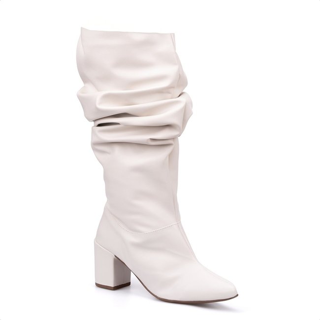 Bota Feminina Slouchy Domidona Bico Fino Salto Grosso Elegante Off White