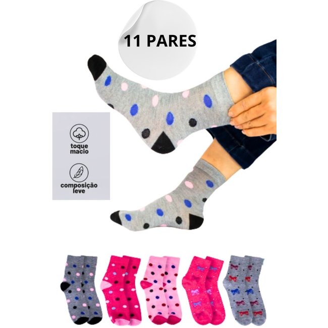 Kit 11 Pares de Meia Cano Alto Feminina Algodao Premiun Colorida Sortidas