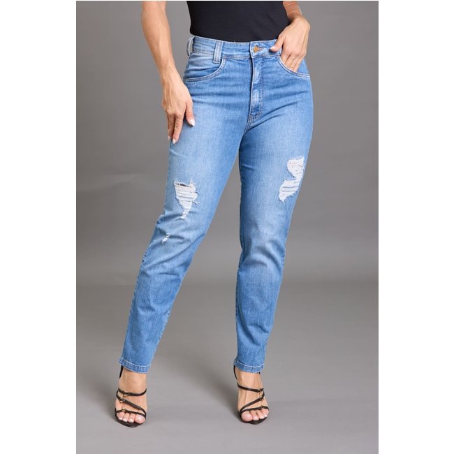 Calça Jeans Mom Destroyed Lavagem Clara Lemier Collection Azul