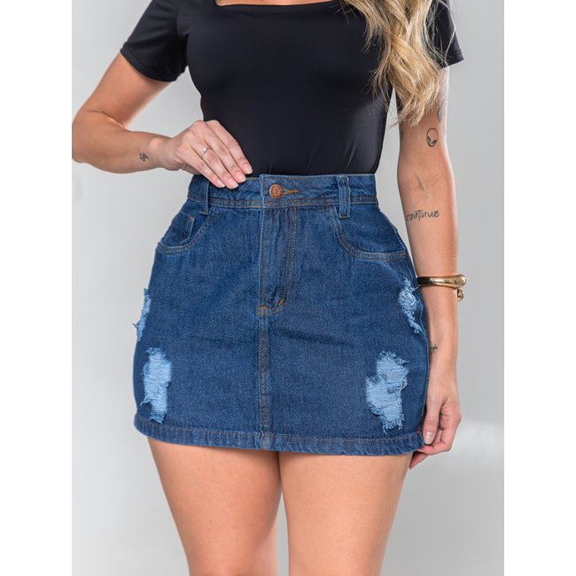 Saia Curta Jeans Desfiada KOVALI com Cintura Alta - Estilo Casual e Confortável