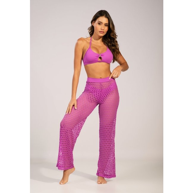 Calça Saída de Praia Feminina Bella Fiore Modas Estilo Tricot Flare Cintura Alta Rosa