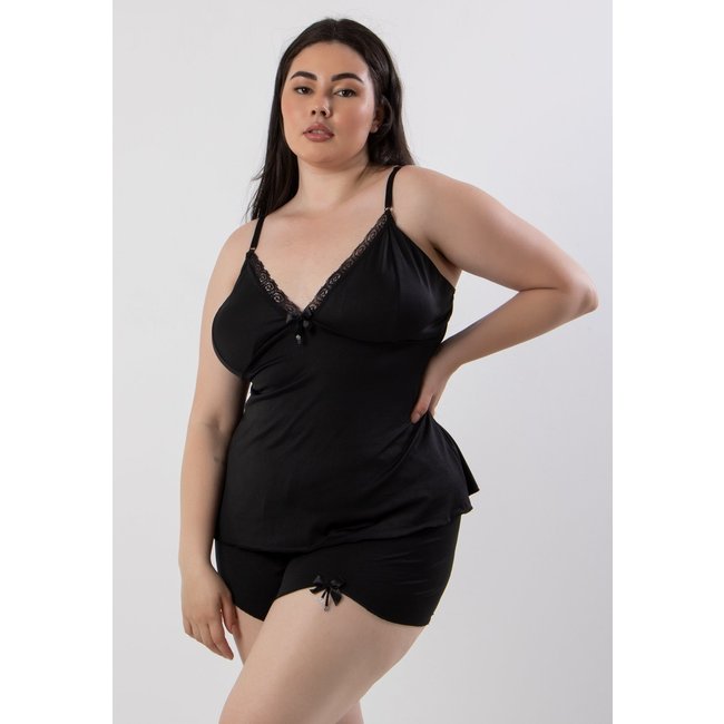 Baby Doll Plus Size Liganete Liso Detalhe em Renda e Lacinho Preto