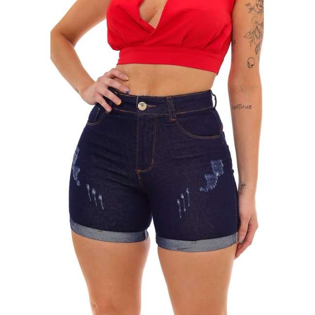 Shorts Jeans Feminino GARAIS MODA Azul Escuro Elegante Com Puídos Confortável Tecido Premium