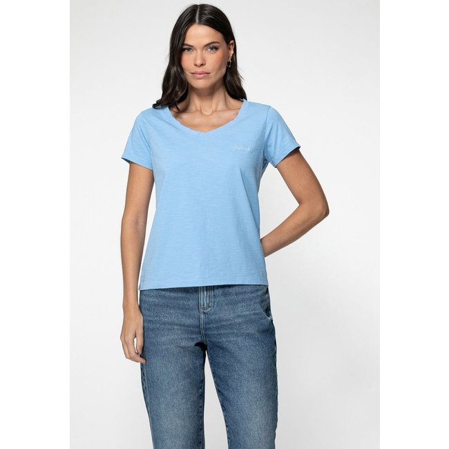 Camiseta Guess Dec V Bordado Cursivo Azul