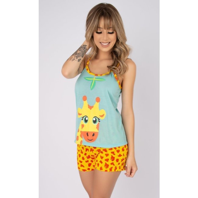 Baby Doll Serra e Mar Modas Pijama Curto Verão Girafa Azul Claro