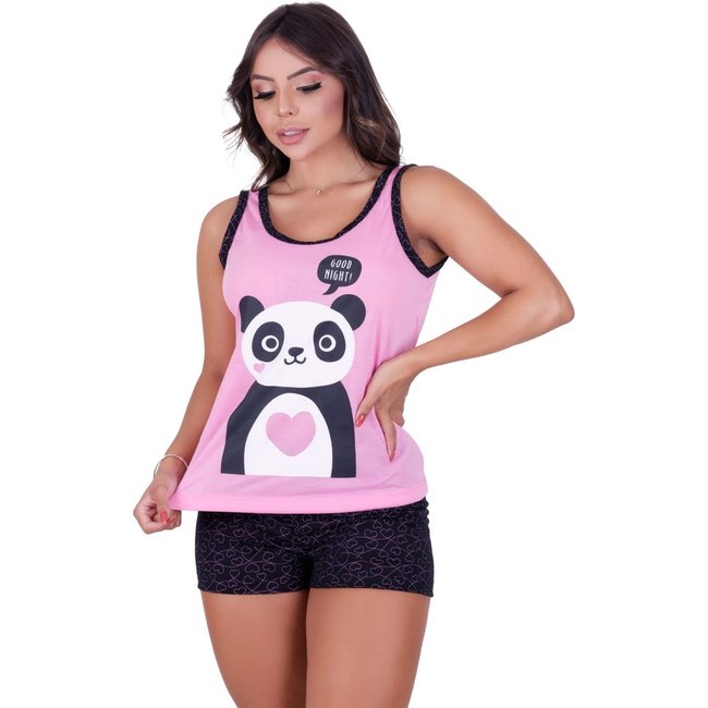 Pijama Feminino Panda Manga Curta MdMix Baby Doll Verão Rosa