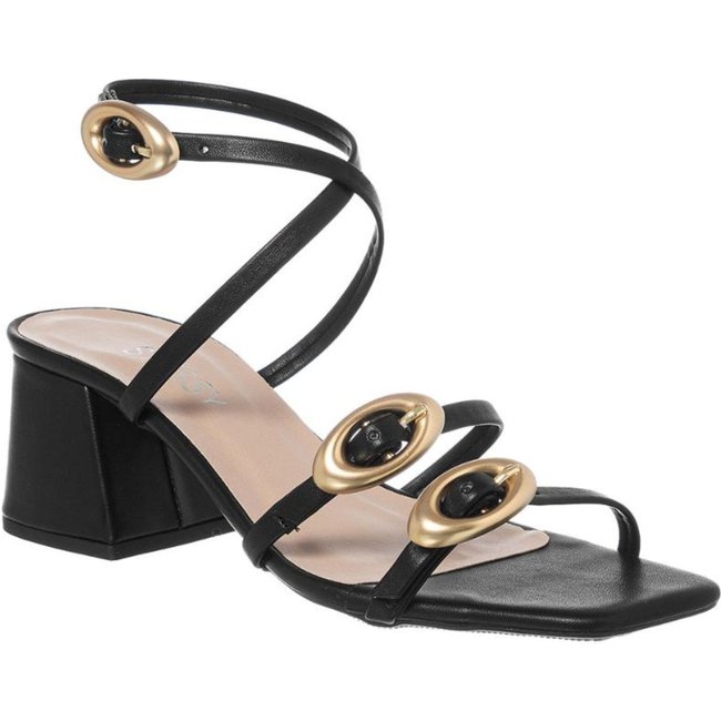 Sandália Feminina Salto Médio Grosso Fivelas Ajustáveis Moda Preto