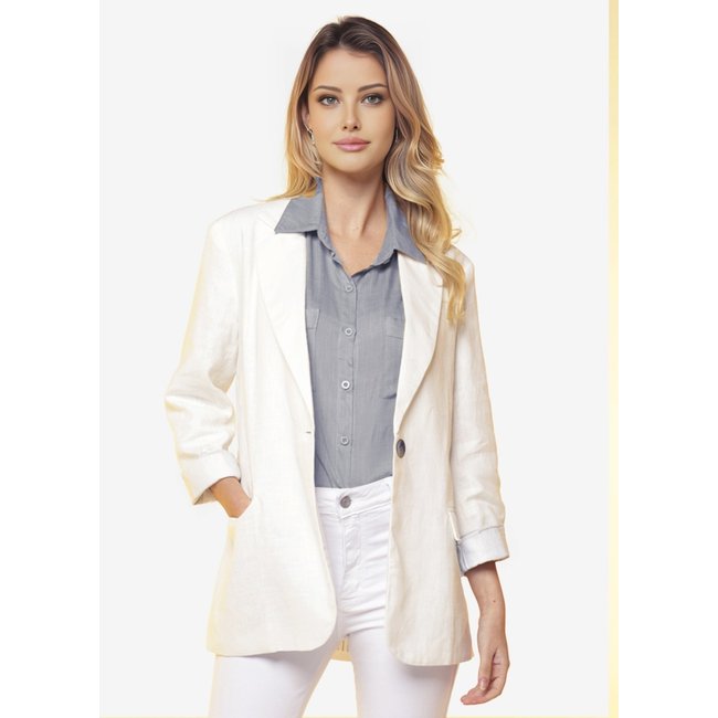 Blazer de Linho Puro Branco Feminino Sob Longo com Bolsos