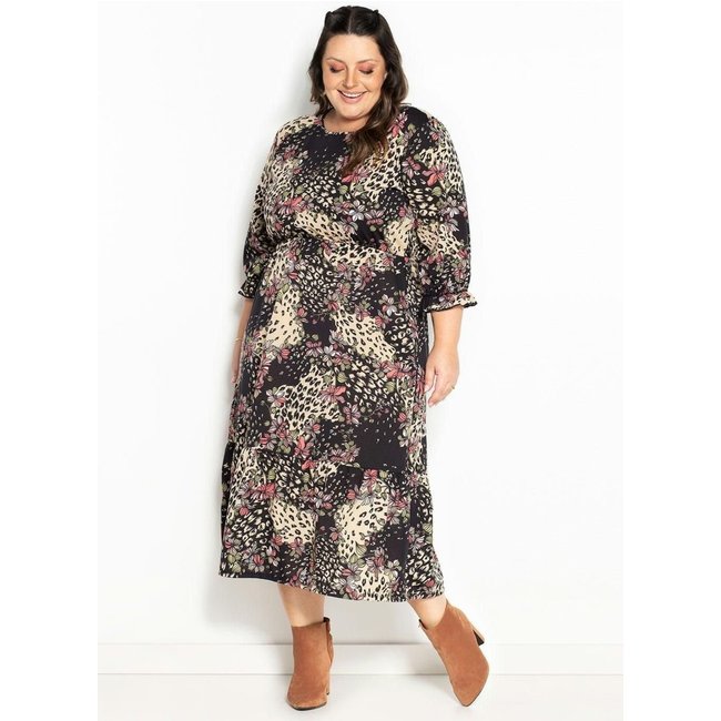 Vestido Com Mangas Plus Size Animal Print Marguerite