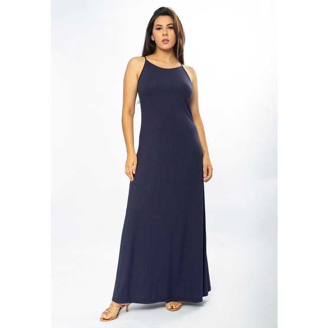 Vestido Longo Amazônia Vital Malha Trapézio Estampa Azul Marinho