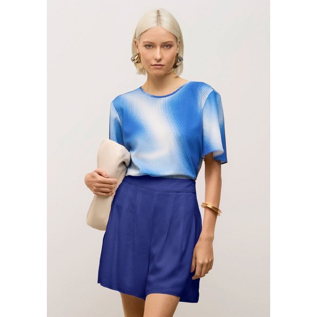 Blusa Iódice Solta Decote Careca Manga Curta Padrão Azul