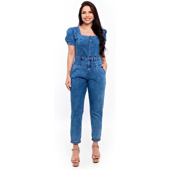 Macacão Slouchy Restrito Jeans Manga Princesa - AZUL MÉDIO
