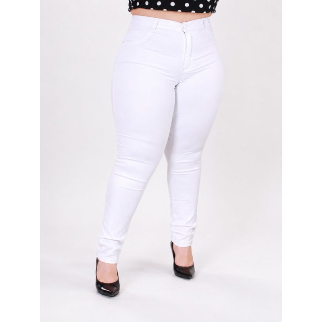 Calça Sarja Algodão Feminina Skinny Plus Size Branca Super Comfort