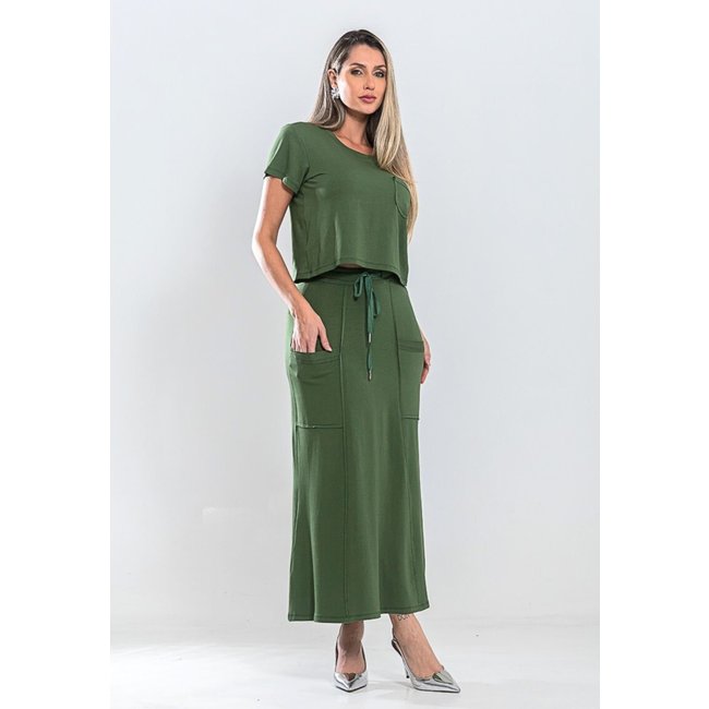 Conjunto Moletinho Feminino Saia Longa e Blusa Cropped Manga Curta Moda Primavera Verão Verde