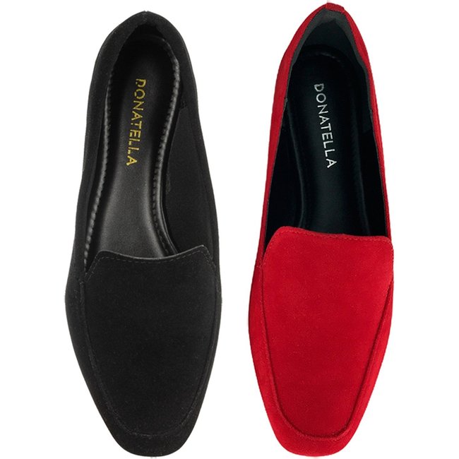 Kit 2 Pares Mocassim Feminino CM Calçados Preto e Vermelho Camurça