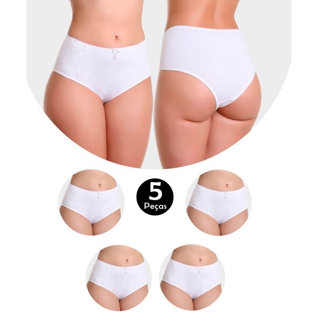Kit 5 Calcinha Cós Alto Cintura Alta Em Microfibra E Renda Catarina Branco