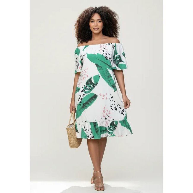 Vestido CabanaFree Curto Mullet Ombro a Ombro Estampa Folhagem Poética