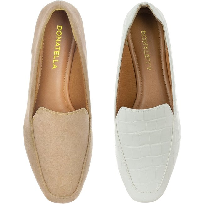 Kit 2 Pares Mocassim Feminino Donatella Shoes Nude Camurça e Branco Croco