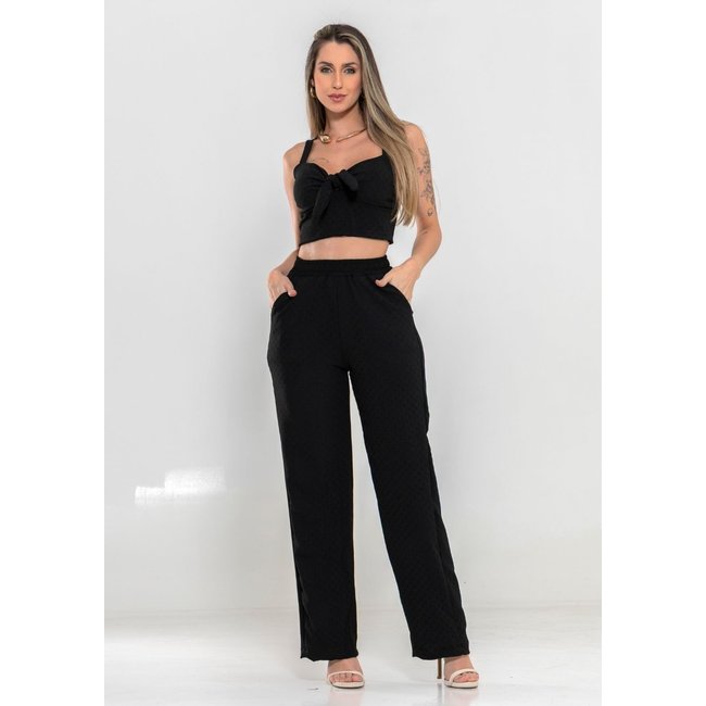 Conjunto Feminino Cropped e Calça Pantalona Elastico Ajustavel Preto -Docce Mulher
