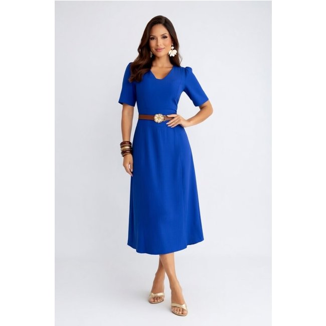 Vestido Midi D Bell Outlet Fashion Gola V Com Cinto Azul Royal