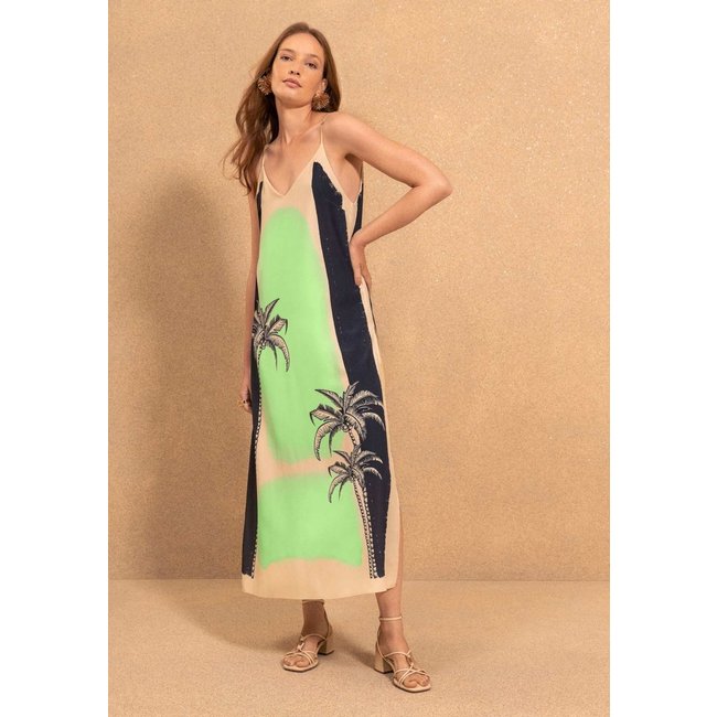Vestido Chá Estampado De Alças Finas Com Decote Em V