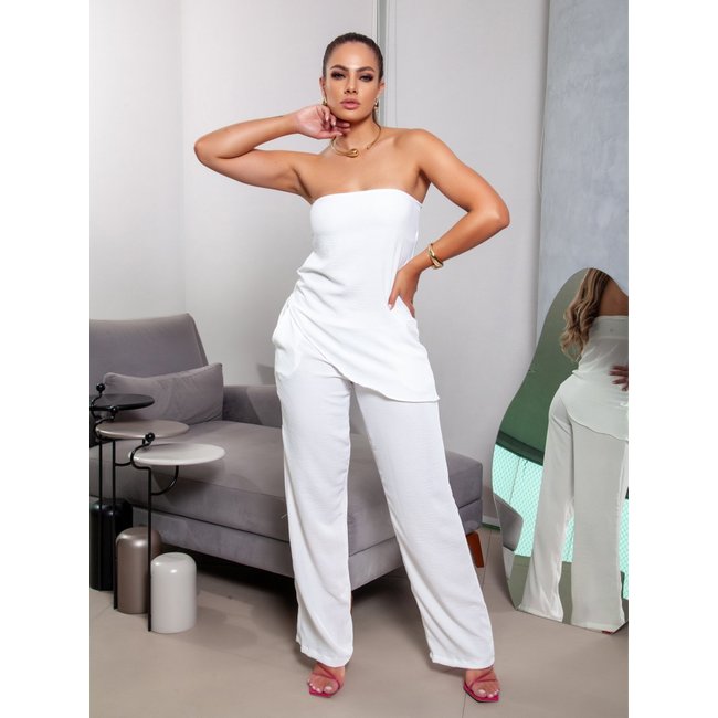 Conjunto Elegante Modelador Branco Blusa Tomara que Caia Assimétrica Calça Pantalona Alfaiataria Duna