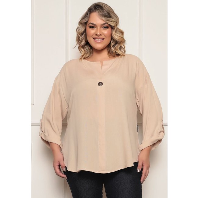 Blusa Feminina Plus Size Manga Curta com Botão Moda Casual linha Premium-Bege