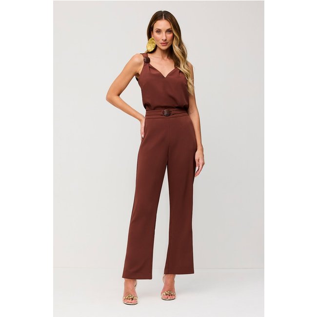 Calça Reta Lisa Com Passante Marrom Café Charry