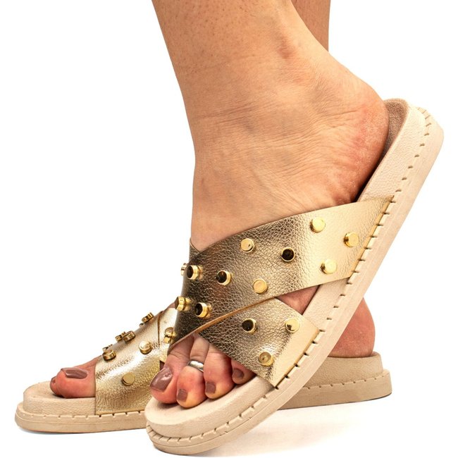 Sandália Papete Flatform Rasteirinha Dourado Enfeite Metalizado Brilho