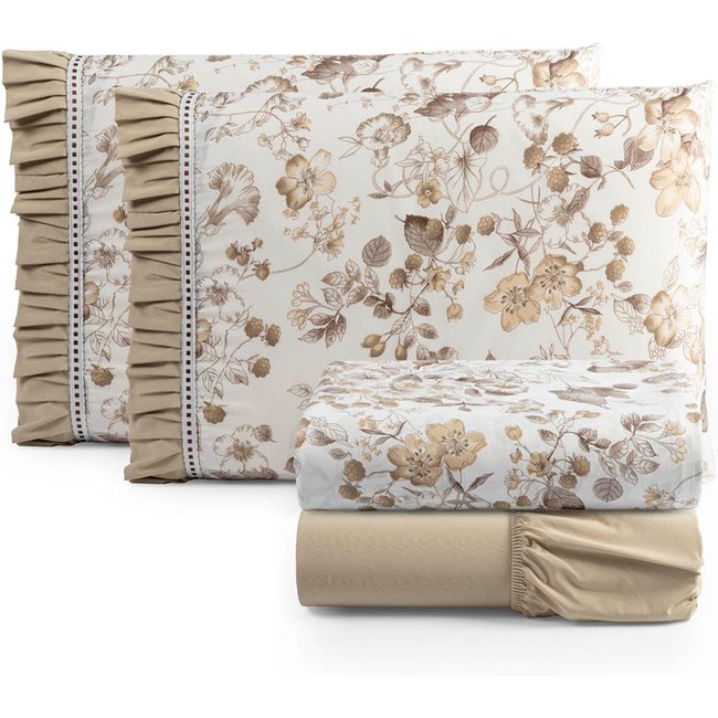 Jogo Cama Lençol Fiore Casa Scarpa King Estampado 180 Fios 100% Algodão com Babadinho 4 Peças Bege Floral