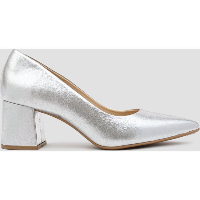 Scarpin Festa Couro Prata CBK Salto Grosso 6cm