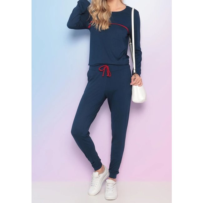 Conjunto Maria Paes Calça e Blusa Manga Longa Marinho com Viés Vermelho