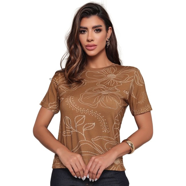 Blusa Manga Curta Dellamarca Fashion Print Floral Castanho
