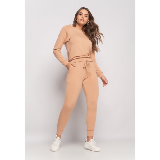 Conjunto Comfy Com Casaco Gola Canoa e Jogger Moletinho Salvatore Fashion Bege