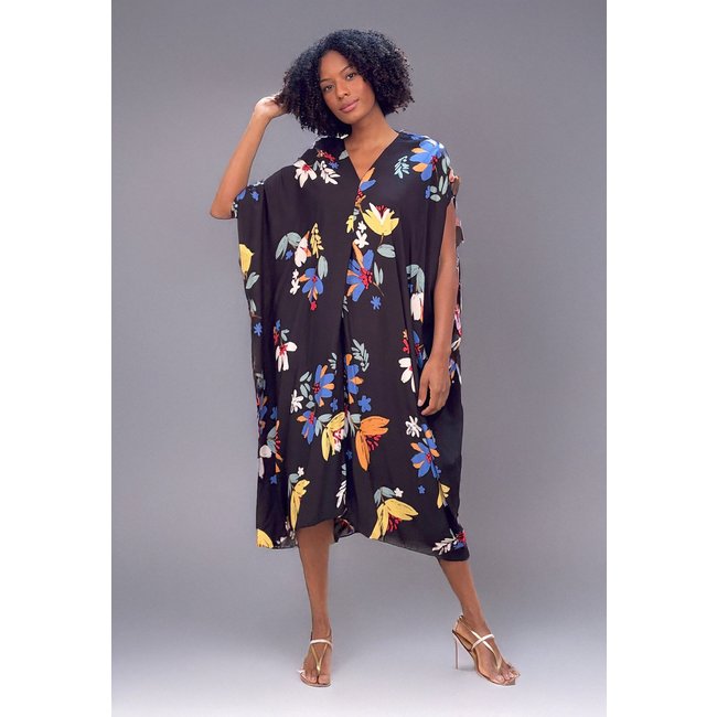 Vestido Kaftan Detalhes nas Costas Floral Preto