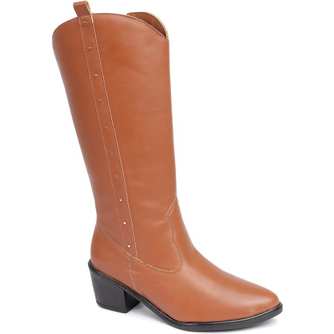 Bota Western Cano Longo Flor de Griffe Cowgirl Casual Caramelo