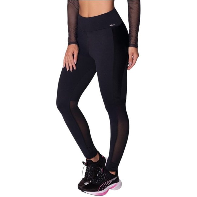 Calça Legging Selene Com Recorte Tule Feminina - Preto - selene